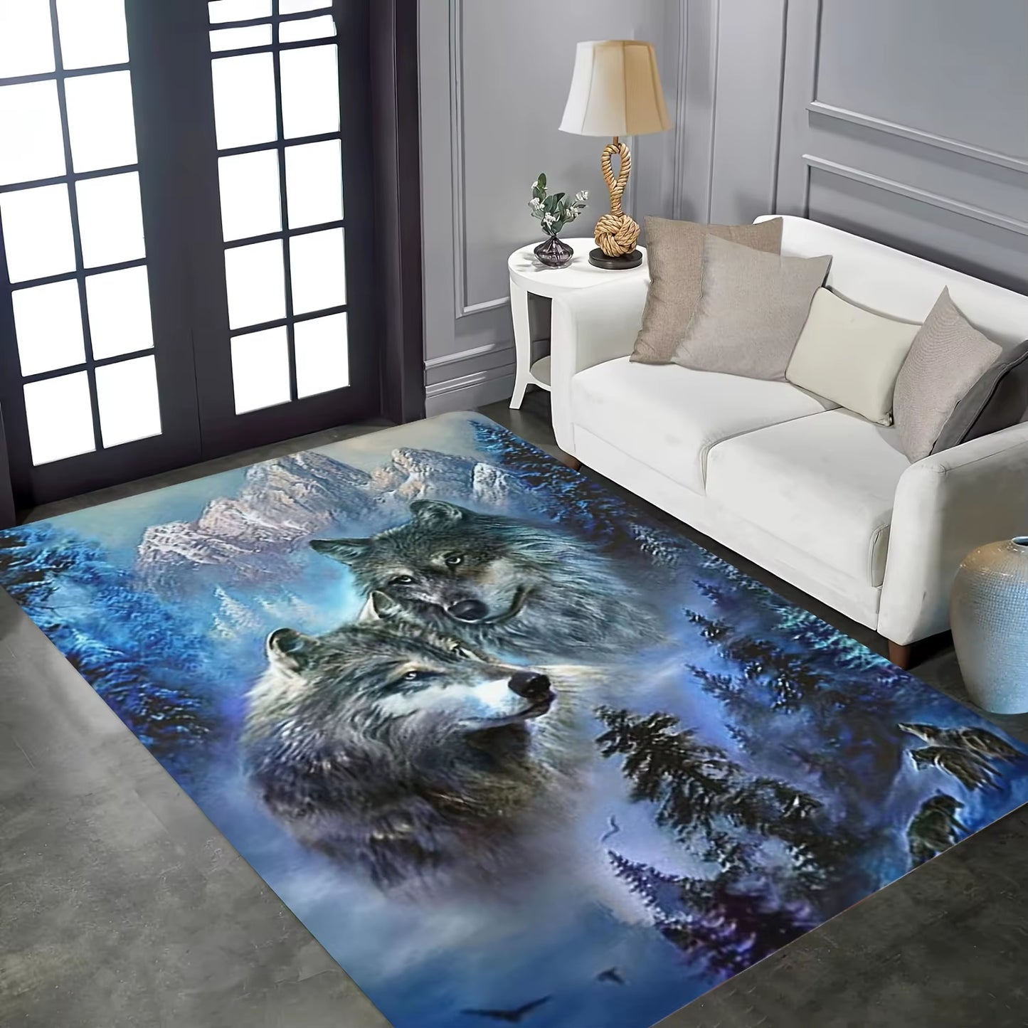 Wolf & Winter Forest Flannel Mat - Non-Slip Machine Washable Rug for Bedroom, Living Room & Bathroom, Cozy Home Decor