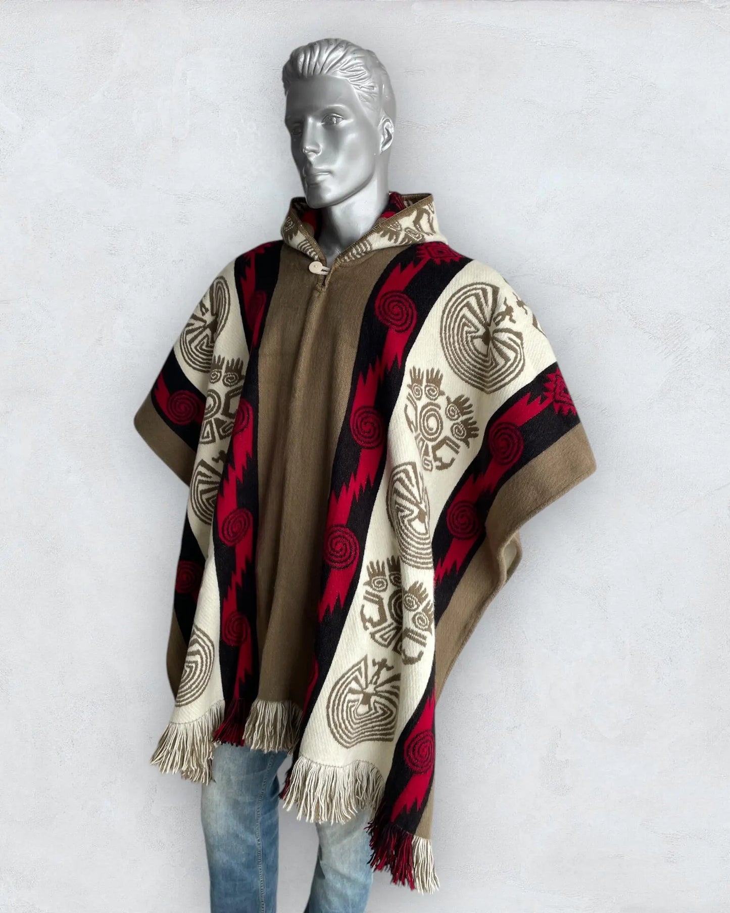 Alpaca Wool Poncho in Beige/Red. Navajo Southwestern Poncho Handcrafted by Indigenous Hands. Soft and Warm with Hood. One Size Unisex Use.
