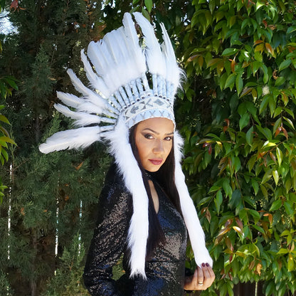 Feather Headdress, Inspired White Feather Headdress with Faux Fur and Beaded Headband ZUCKER®