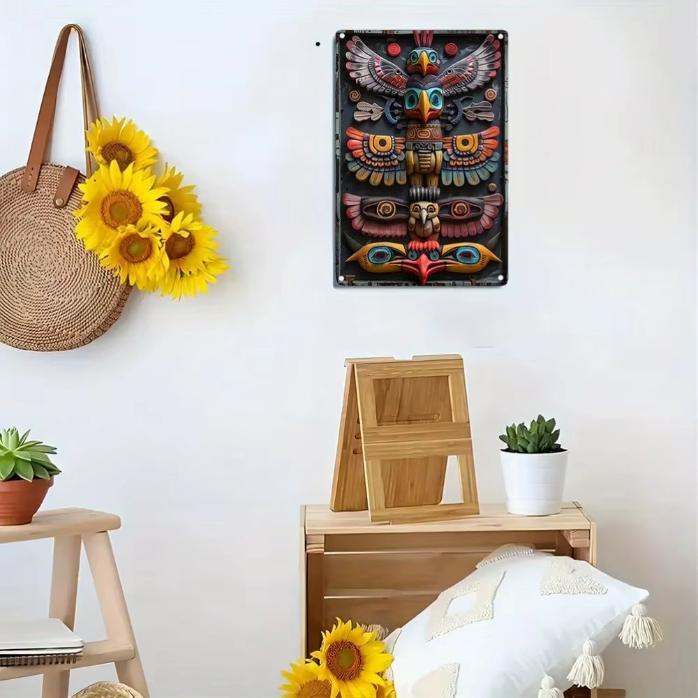 2D Native American Totem Metal Wall Art - Durable Moisture Resistant Sign, Ideal for Garden/Classroom/Studio Decor