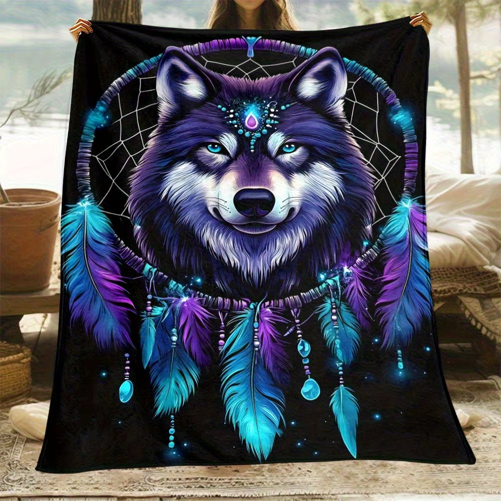 "Native American Dreamcatcher Wolf Blanket, Soft Cozy Throw with Vibrant Feather Design, Perfect for Home Decor and Gift"