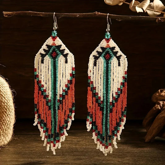 Bohemian Style Long Tassels, Handmade Beaded Earrings, Seed Beads, Geometric Shapes, Earrings, Gifts for Mothers