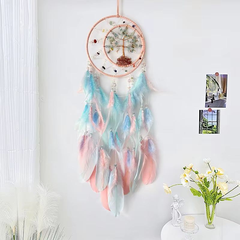 Dream Catcher Crystal Tree of Life Wind Chimes Nordic Hand-Woven Feathers Bedroom Hanging Ornaments Wall Decor Festival Gifts