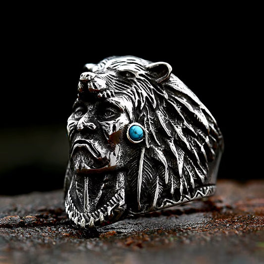 Vintage Stainless Steel Indian Warrior Ring with Blue Stone Punk Biker Wolf Animal Ring for Men Women Religion Jewelry Wholesale