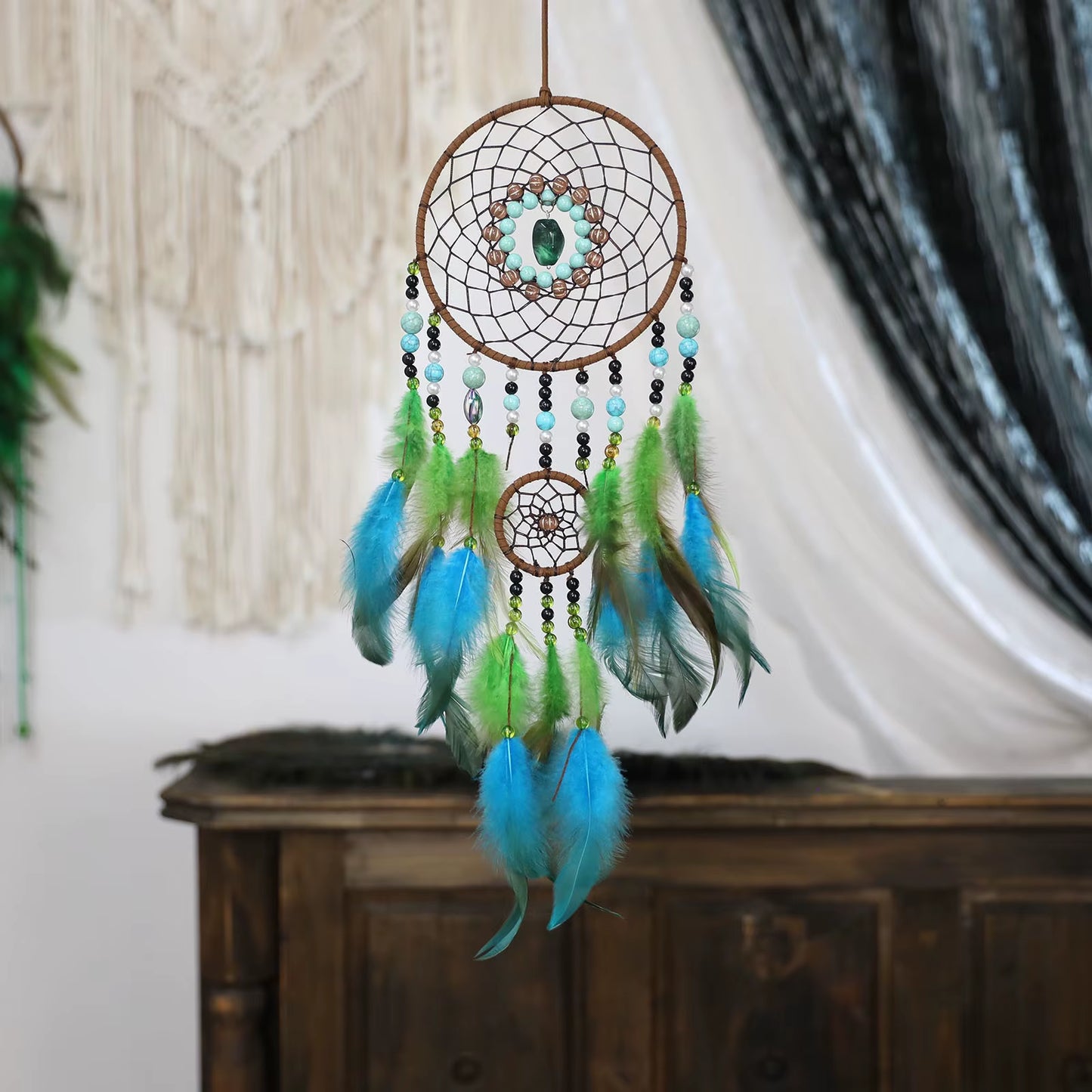 Creative Green Feathers Dream Catcher Eyes Stone Wind Chimes Home Decorations Wall Hanging Bedroom Pendants for Party Gifts
