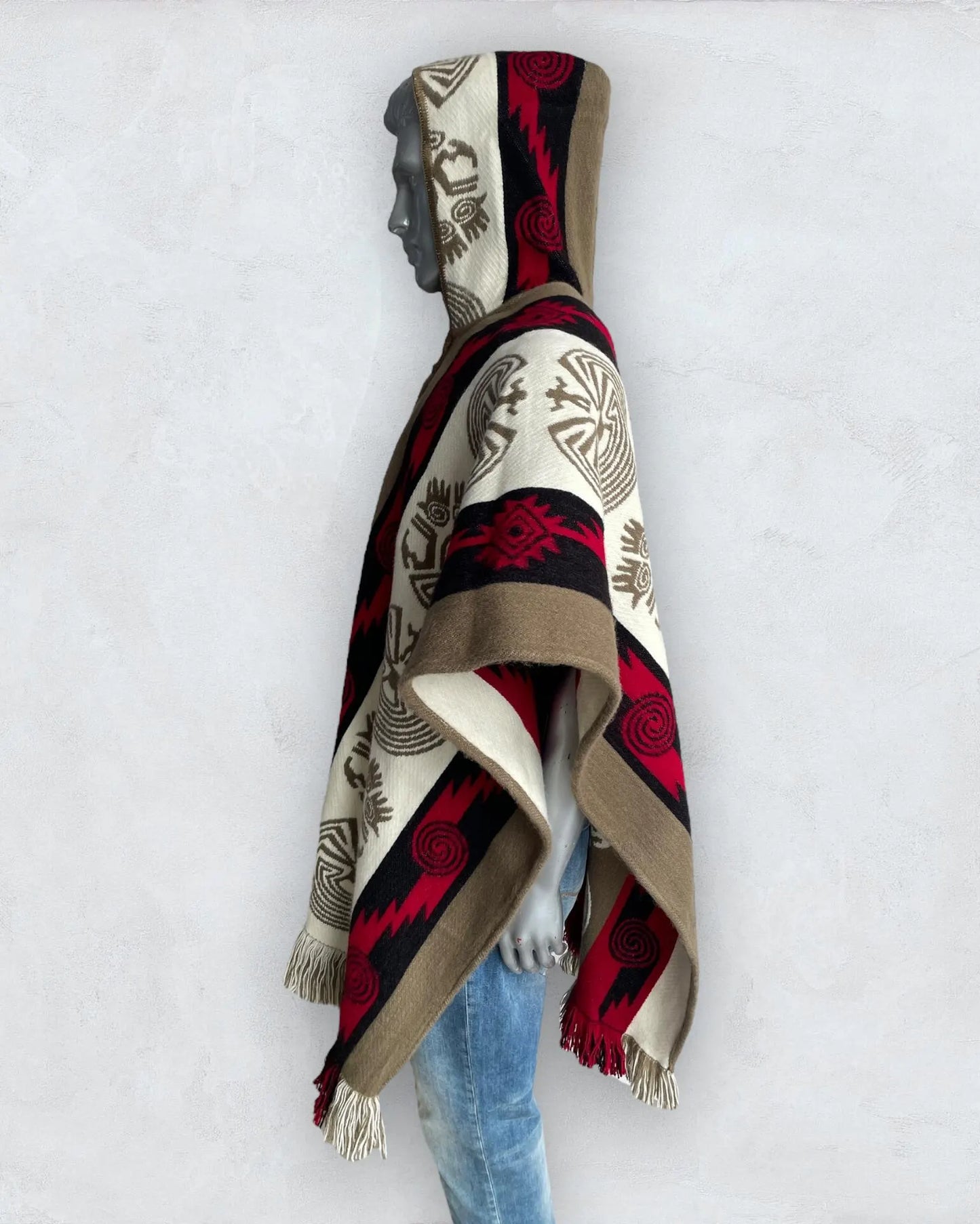 Alpaca Wool Poncho in Beige/Red. Navajo Southwestern Poncho Handcrafted by Indigenous Hands. Soft and Warm with Hood. One Size Unisex Use.