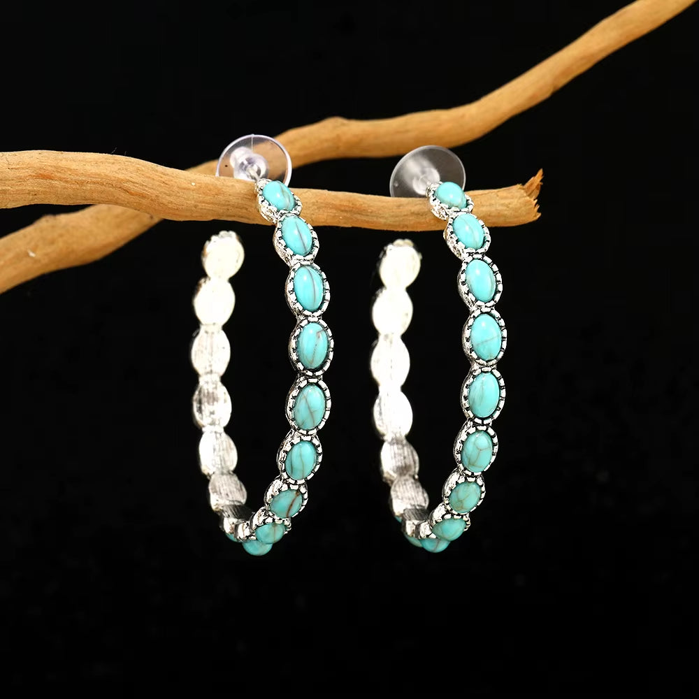 Western Jewelry Bohemian Vintage Simulated Turquoise C-Shaped Large Circle Earrings for Women Girls