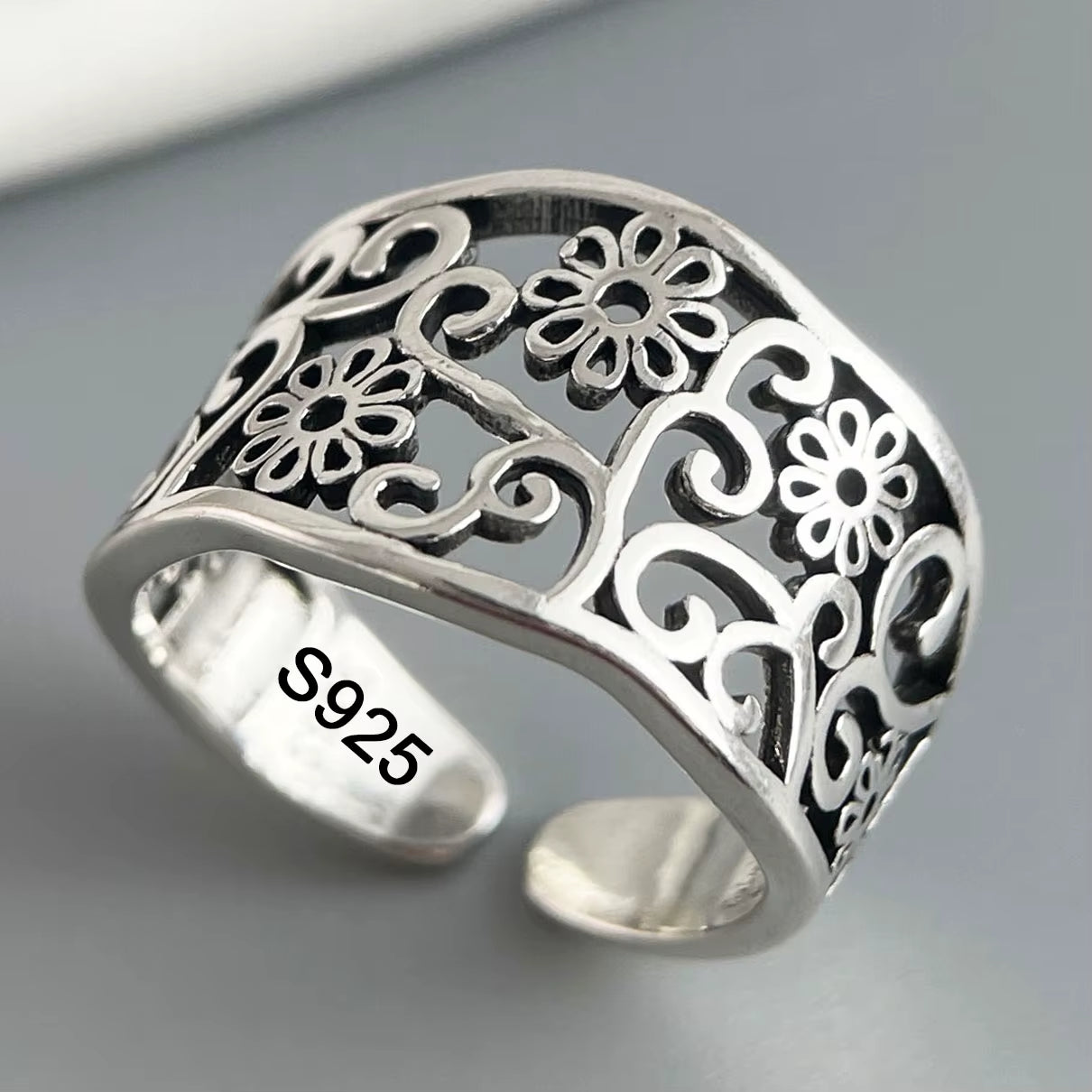 925 Sterling Silver Rings for Women Couple Minimalist Handmade Simple Hollow Flower Ring Fine Jewelry Gift Prevent Allergy