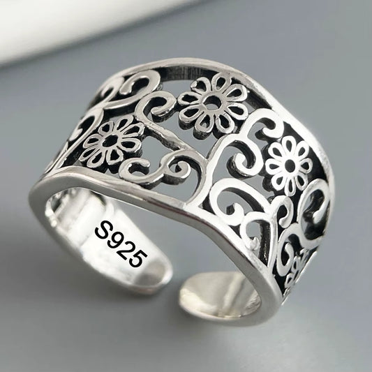 925 Sterling Silver Rings for Women Couple Minimalist Handmade Simple Hollow Flower Ring Fine Jewelry Gift Prevent Allergy