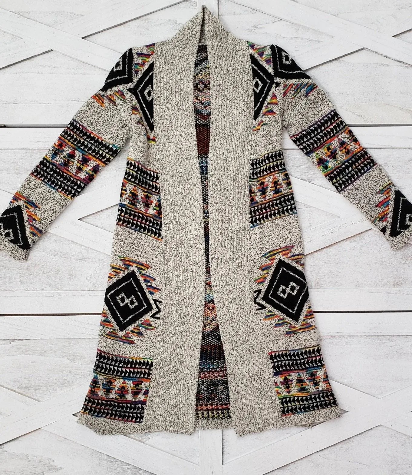 Boho Aztec Tribal Cowichan Southwestern Knit Long Cardigan Sweater Duster Coat Top Western Fall Winter Women'S Outerwear