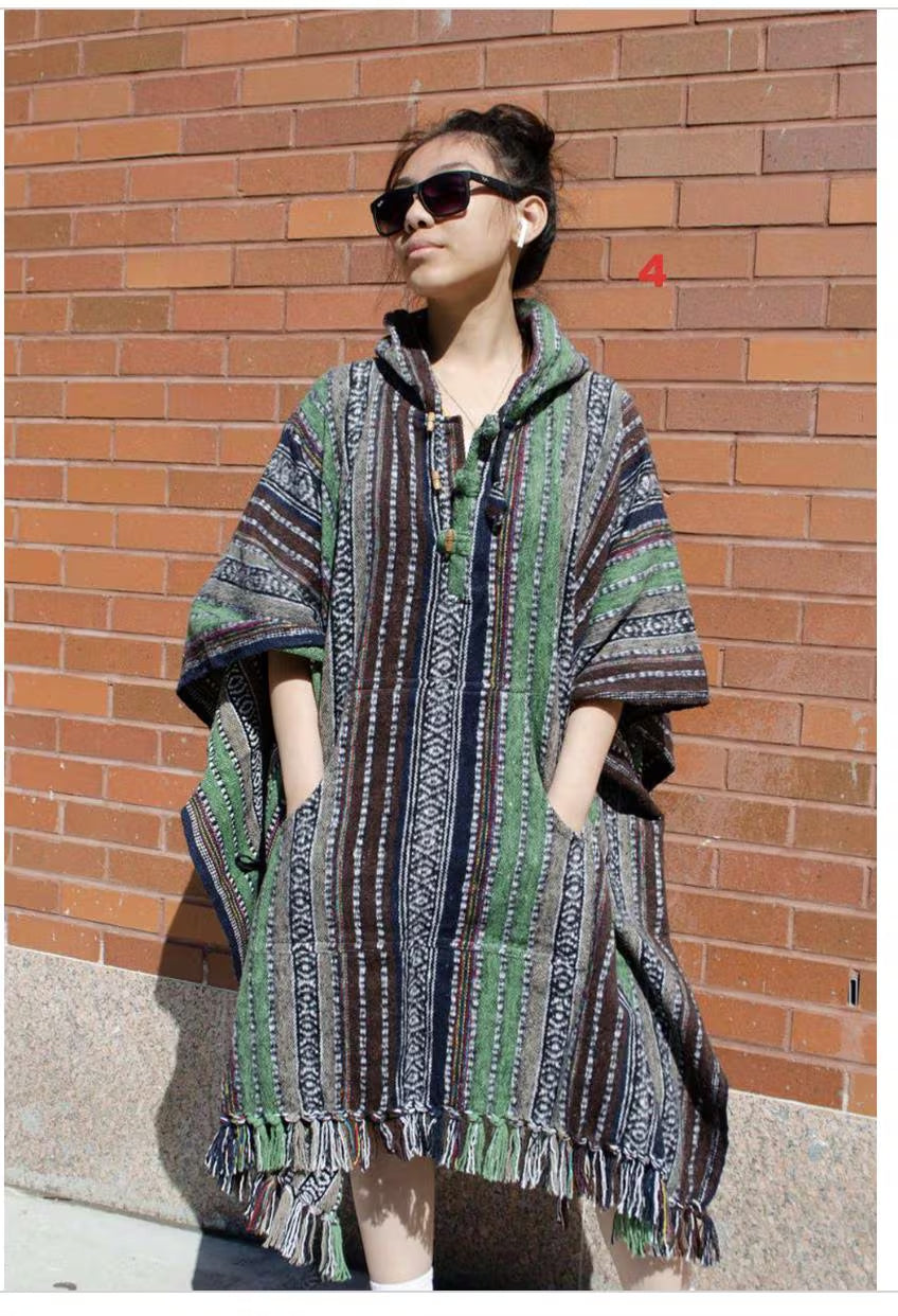 Heavy Cotton Hooded Hoodie Poncho | 100 Percent Cotton - Handmade in Nepal| One Size - Multicolor | Thick Breathable - Kangaroo Pockets