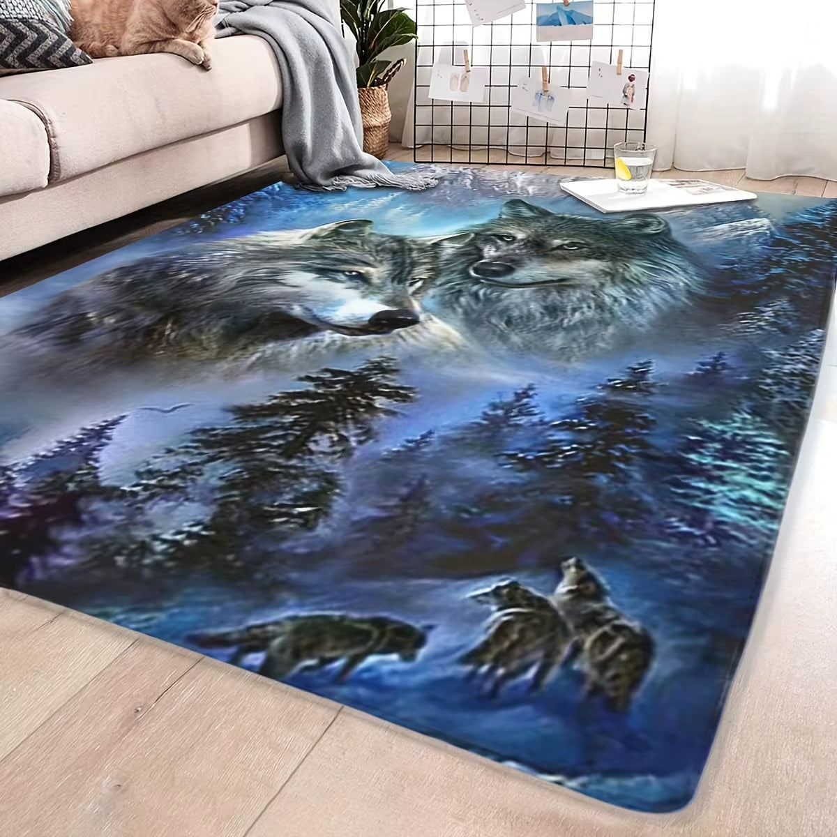 Wolf & Winter Forest Flannel Mat - Non-Slip Machine Washable Rug for Bedroom, Living Room & Bathroom, Cozy Home Decor