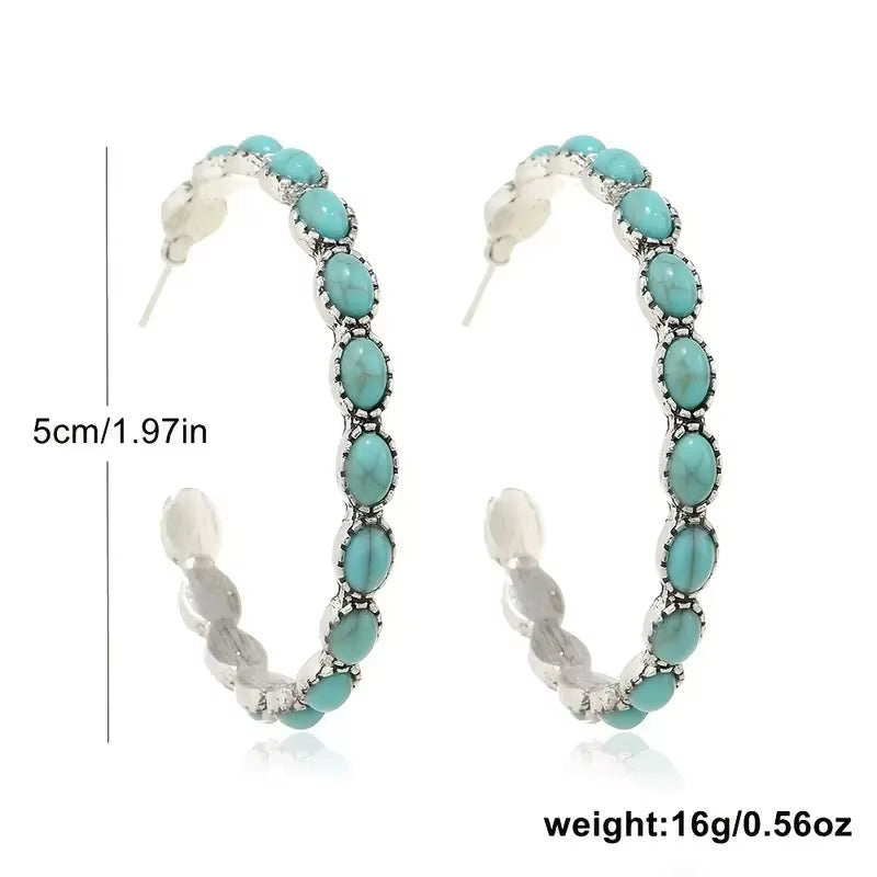 Western Jewelry Bohemian Vintage Simulated Turquoise C-Shaped Large Circle Earrings for Women Girls