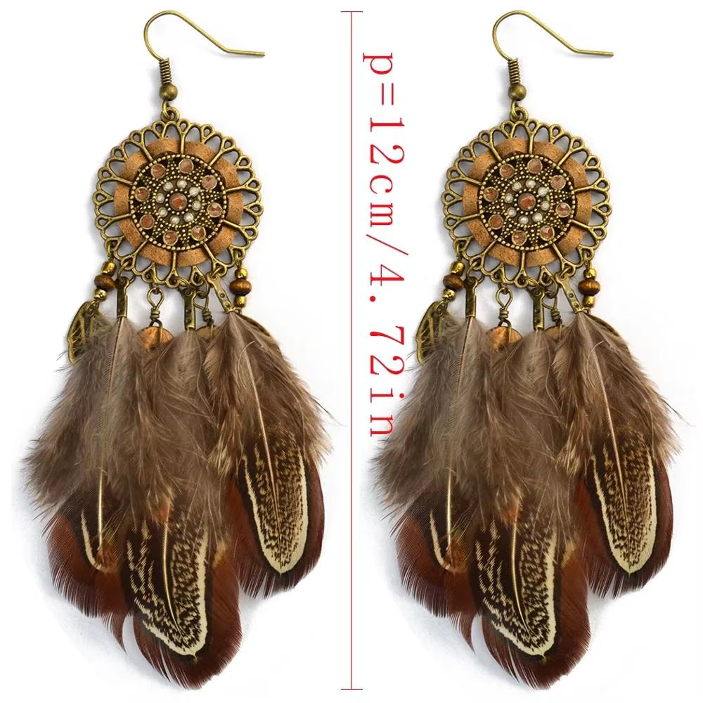 Fashion Long Tassel Brown Feather Bride Wedding Earrings Bohemian Vintage Wooden Beads Dangle Earrings for Women Indian Jewelry