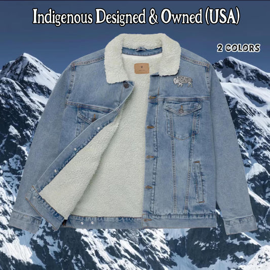 Bison Denim Embroidered Sherpa Jacket - Honoring First Nations, Inuit, Native American Cultures