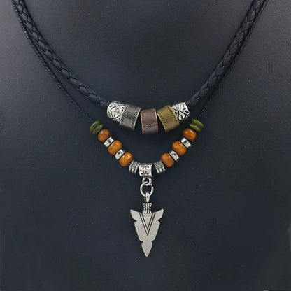 Stacked Artificial Leather Rope Beaded Necklace Men Vintage Layered Tribal Arrow Pendant Necklace for Men Jewelry Collar Hombre