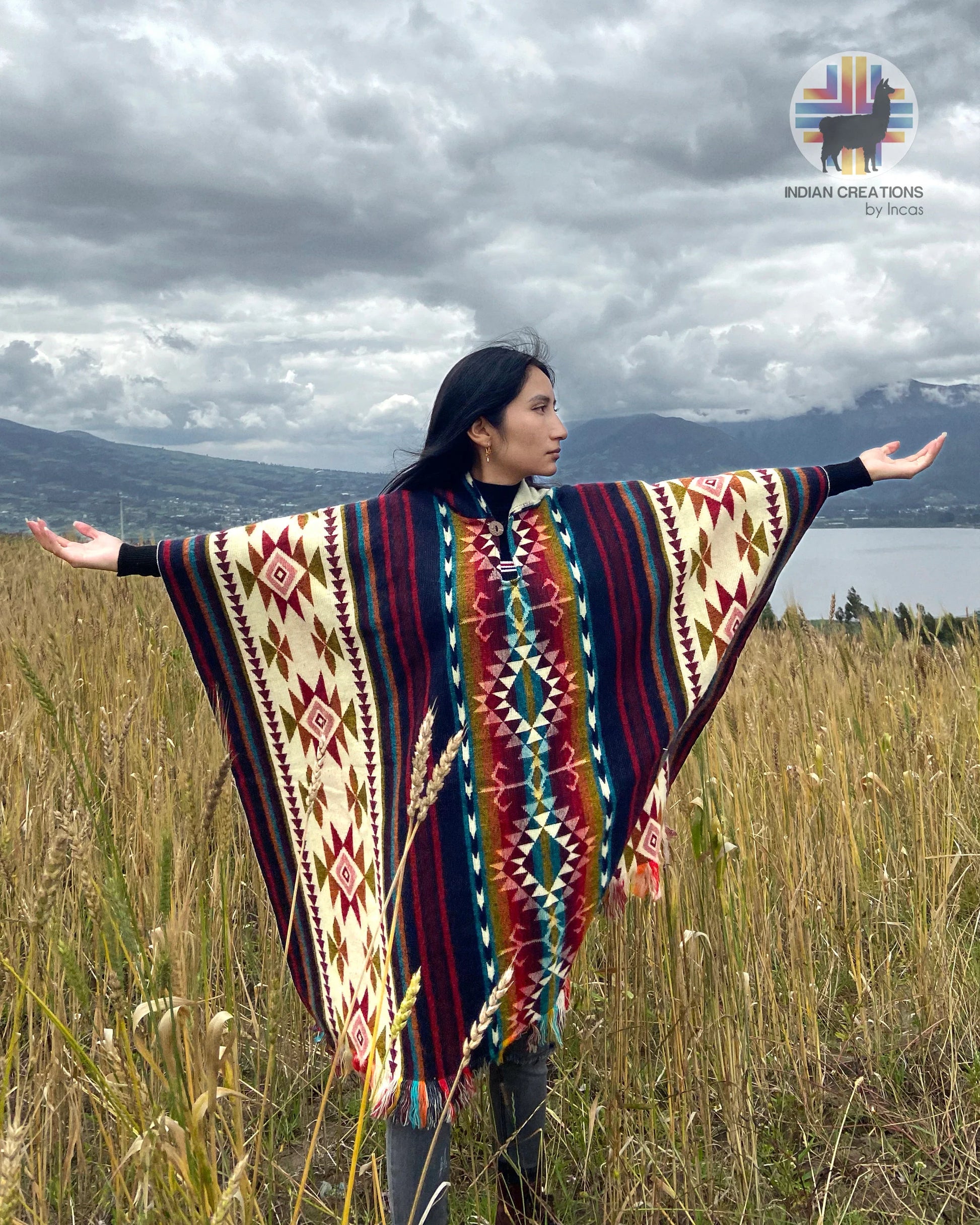 Alpaca Wool Poncho (Blue & Red). Unisex. Exclusive Design! Crafted by Indigenous Hands. One Size, a Hooded Poncho.Free SHIPPING! Gift Ideas.