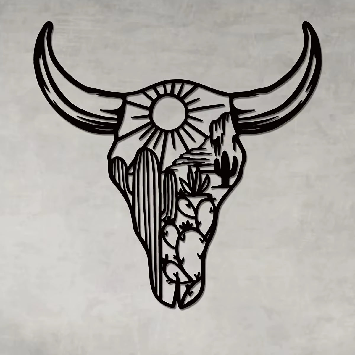1Pc Decorative Bull Skull Metal Wall Sculpture – Bohemian Long-Horned Water Buffalo Wall Décor, Floral Desert Wall Hanging