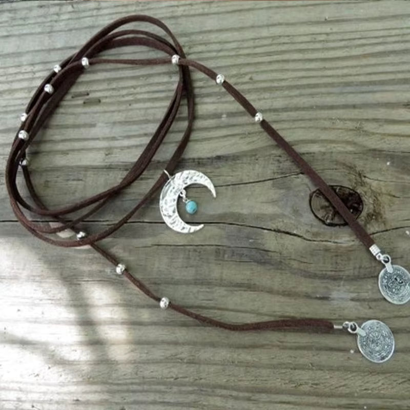 Boho Wrap Necklace Boho Choker Necklace Brown Turquoise Suede Necklace Crescent Moon Necklace