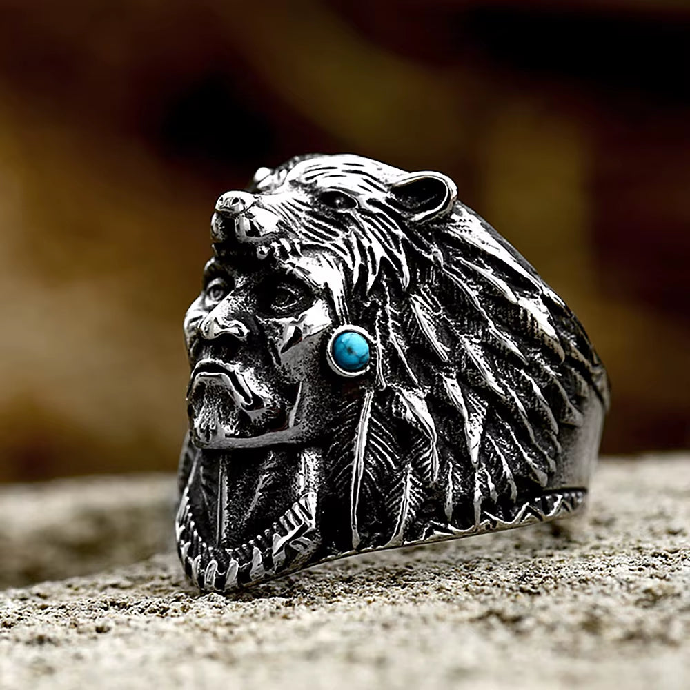 Vintage Stainless Steel Indian Warrior Ring with Blue Stone Punk Biker Wolf Animal Ring for Men Women Religion Jewelry Wholesale