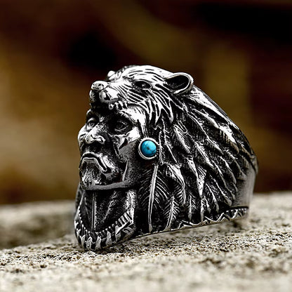 Vintage Stainless Steel Indian Warrior Ring with Blue Stone Punk Biker Wolf Animal Ring for Men Women Religion Jewelry Wholesale