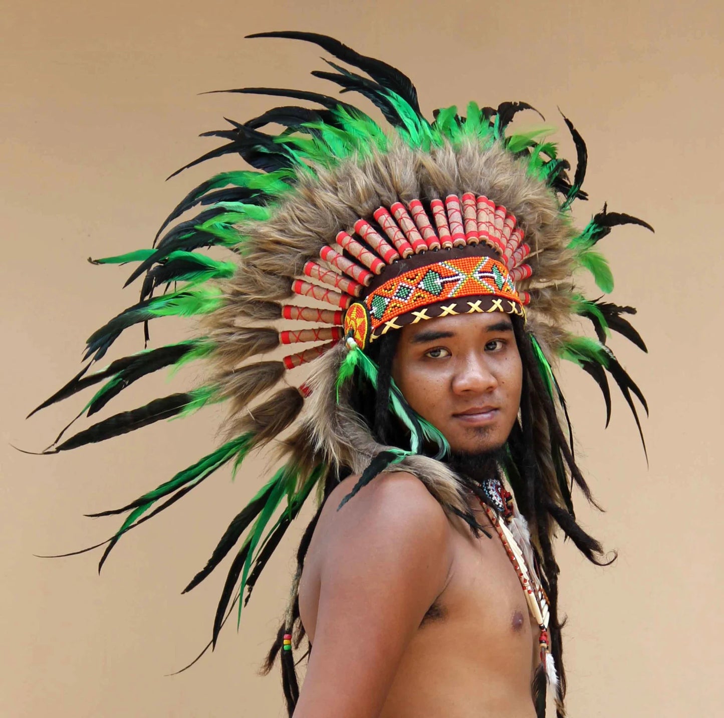 Green Feather Headdress: Short Native American Style Warbonnet