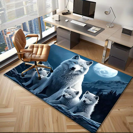 White Wolf Family Rug for Modern Office Space - Nature-Inspired Design, Comfortable Floor Coverings for Work Areas