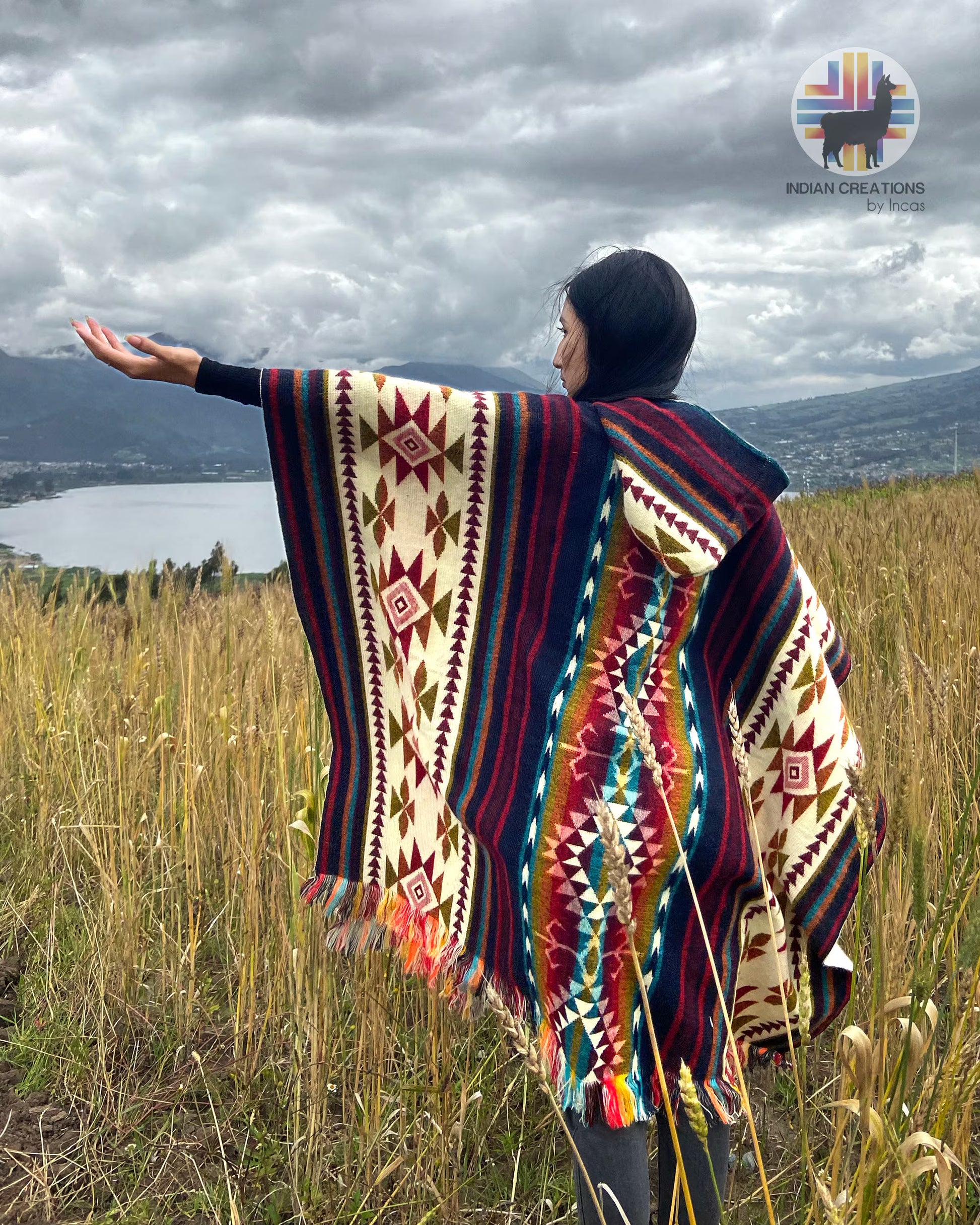 Alpaca Wool Poncho (Blue & Red). Unisex. Exclusive Design! Crafted by Indigenous Hands. One Size, a Hooded Poncho.Free SHIPPING! Gift Ideas.