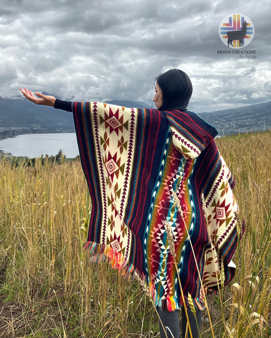 Alpaca Wool Poncho (Blue & Red). Unisex. Exclusive Design! Crafted by Indigenous Hands. One Size, a Hooded Poncho.Free SHIPPING! Gift Ideas.