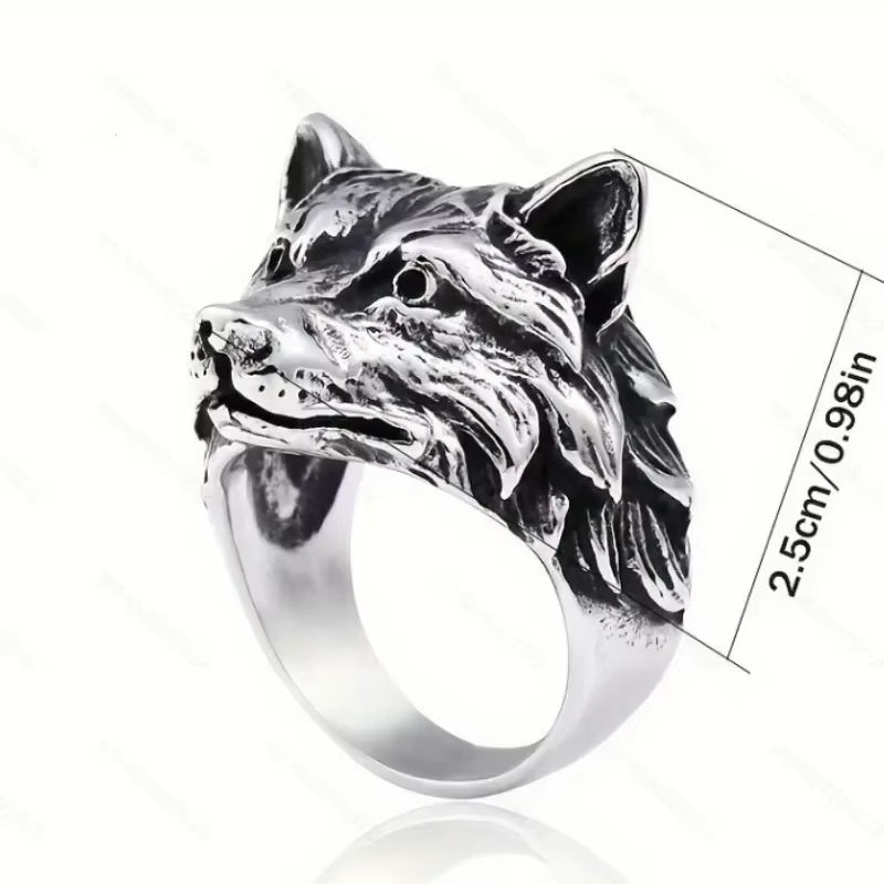 Vintage Wolf Head Men Trend Animal Exaggerated Domineering Hip Hop Personality Open Ring Jewelry