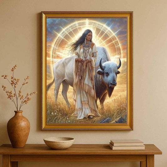 White Buffalo Calf Woman Golden Hour Canvas Wall Art, Sacred White Buffalo Artwork, 7 Sizes