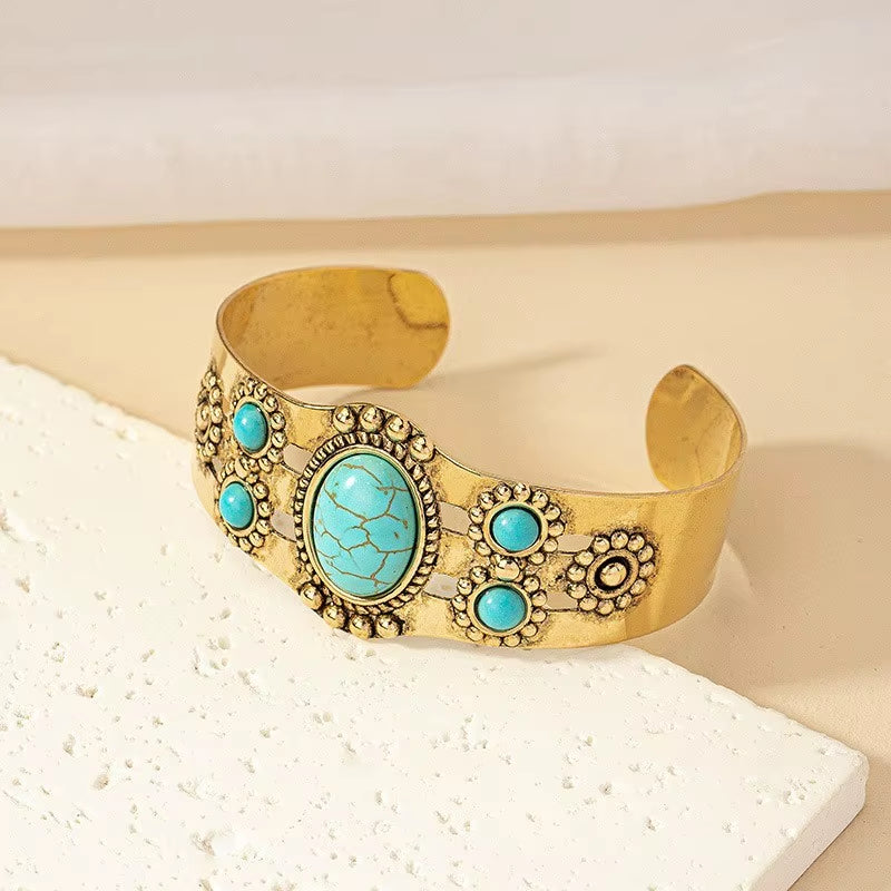 Vintage Bohemian Style Artificial Inlaid Turquoise Cuff Bangle for Women Men Personality Creative Design Bangles Jewelry Gift
