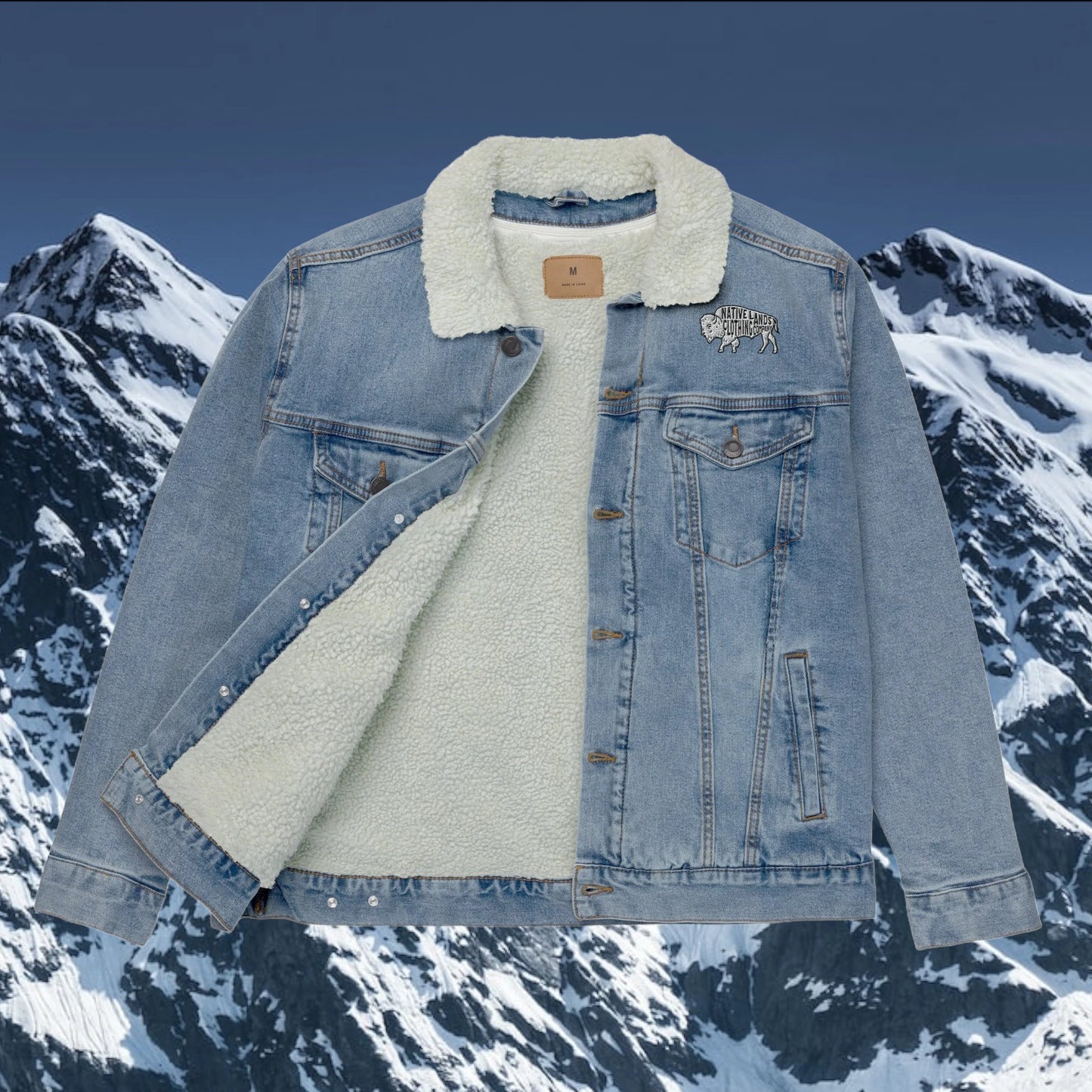 Bison Denim Embroidered Sherpa Jacket - Honoring First Nations, Inuit, Native American Cultures