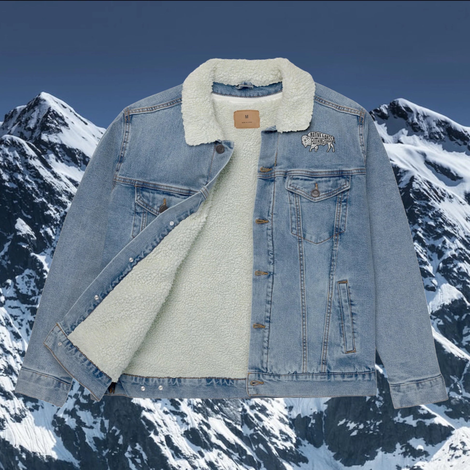 Bison Denim Embroidered Sherpa Jacket - Honoring First Nations, Inuit, Native American Cultures