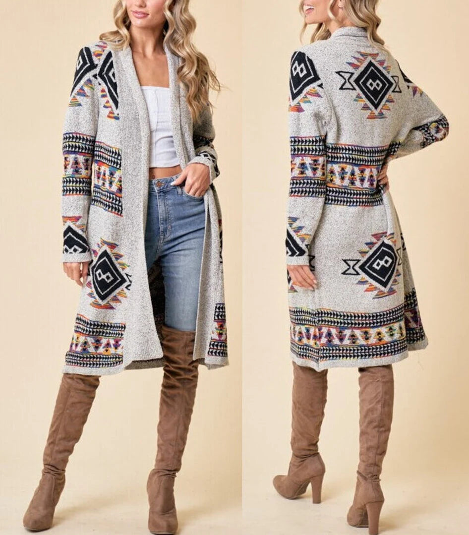 Boho Aztec Tribal Cowichan Southwestern Knit Long Cardigan Sweater Duster Coat Top Western Fall Winter Women'S Outerwear