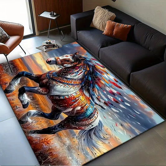 Native American Horse Spirit Rug Living Room Centerpieces Cultural Inspired Carpet anti Slip Carpet Can Be Machine Washed