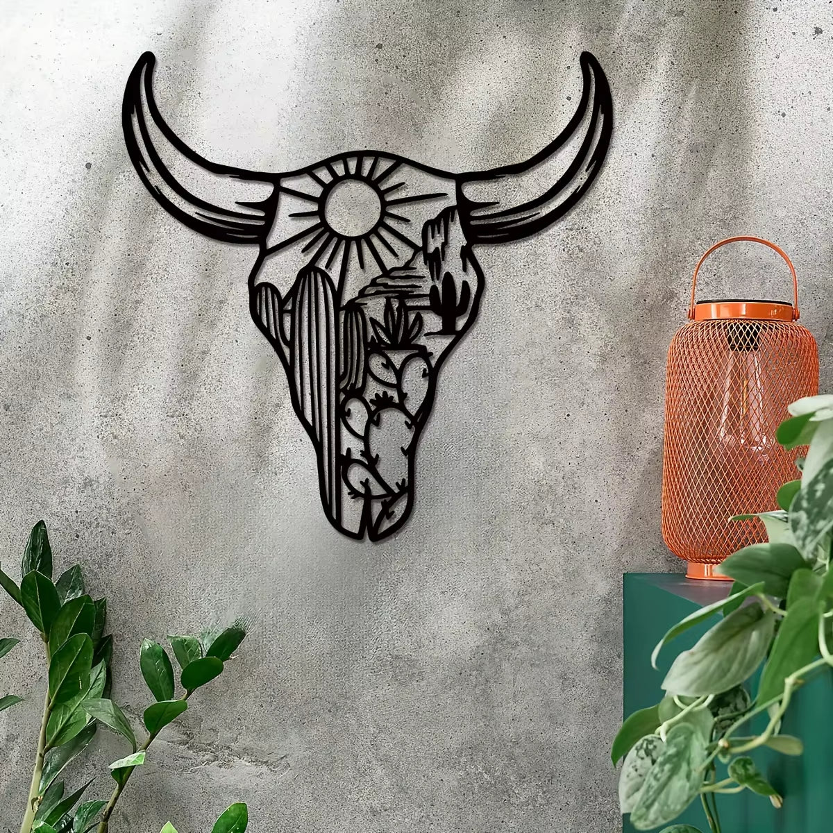 1Pc Decorative Bull Skull Metal Wall Sculpture – Bohemian Long-Horned Water Buffalo Wall Décor, Floral Desert Wall Hanging