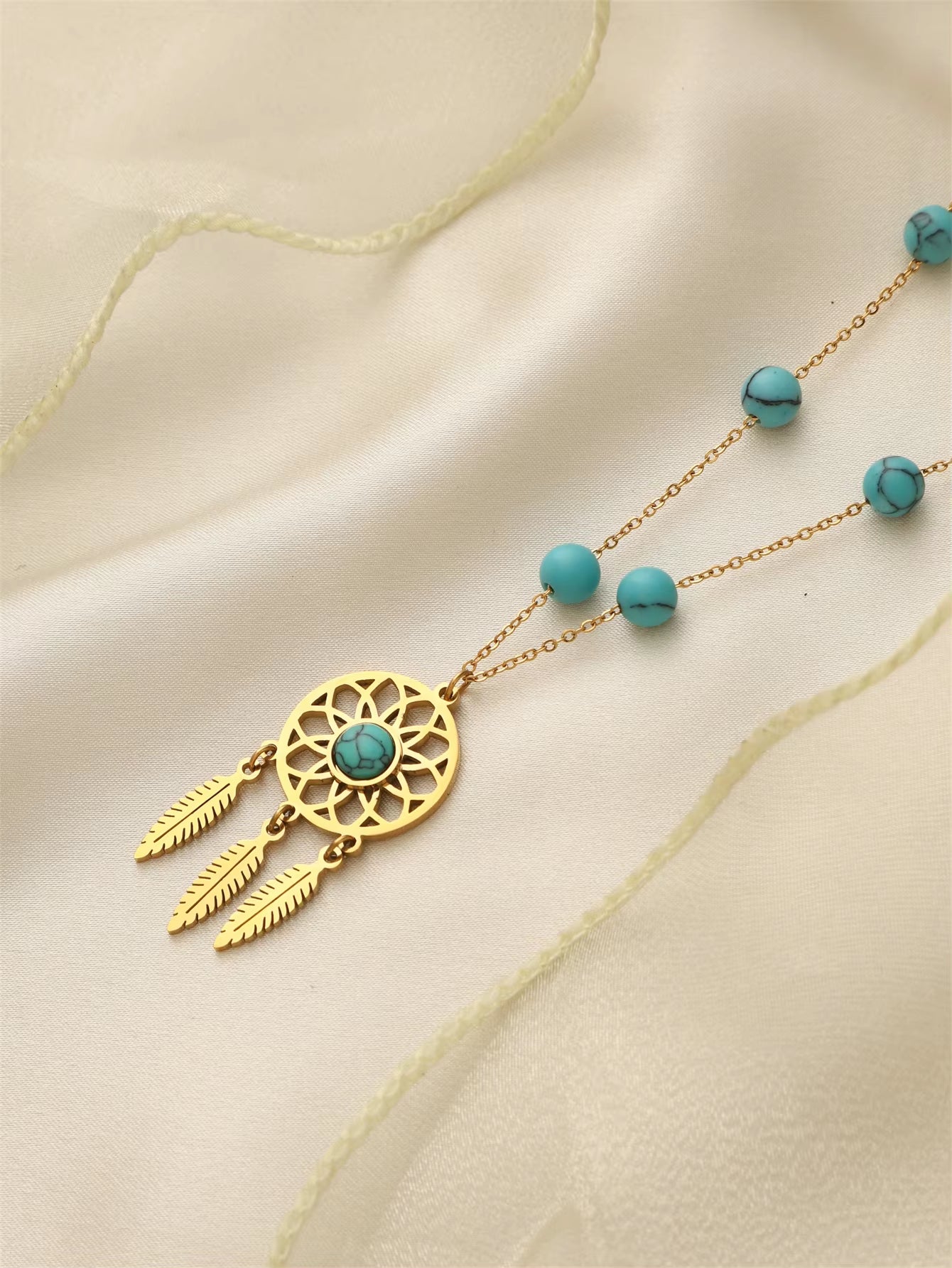 1 Pc Bohemian Dream Catcher Necklace for Women Vintage Tassel Feather Turquoise Beads Long Chain Necklace Boho Tribal Necklace