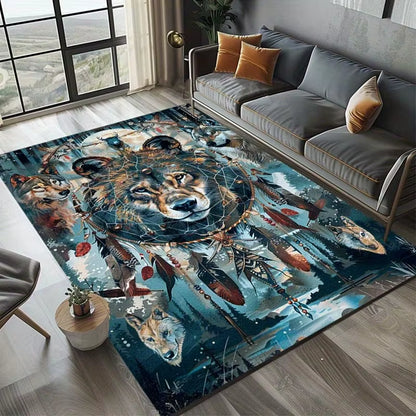 Dream Catcher Wolf Area Rug Polyester, Non-Slip Carpet Chair Mats for Office and Home, Indian Wolf Spider Pattern, Versat