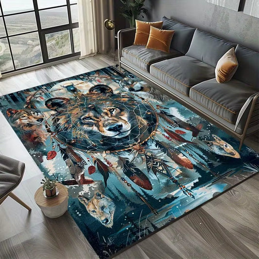 Dream Catcher Wolf Area Rug Polyester, Non-Slip Carpet Chair Mats for Office and Home, Indian Wolf Spider Pattern, Versat