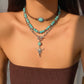 3Pcs Set Vintage Ethnic Style Bull Head Pendant Necklace for Women Exquisite Green Stone Beads Clavicle Chain Jewelry