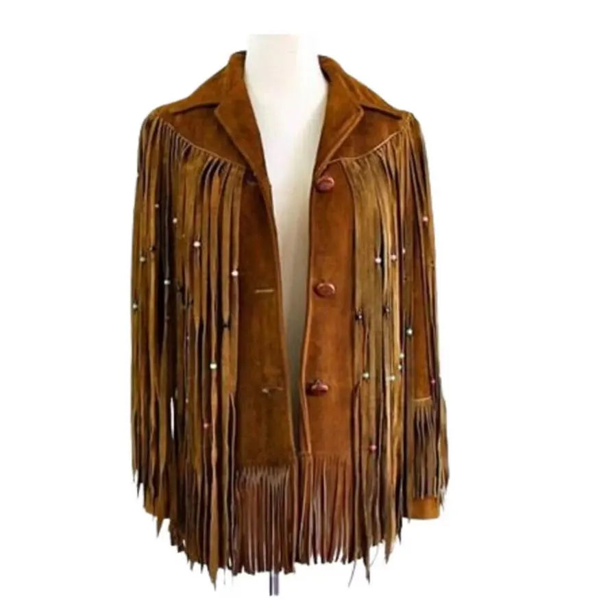 Women Native American Western Style Suede Leather Jacket with Long Fringes & Beads Work - Brown SB-WJ-001