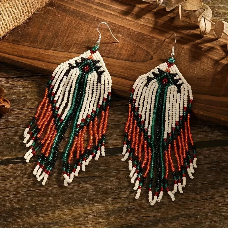 Bohemian Style Long Tassels, Handmade Beaded Earrings, Seed Beads, Geometric Shapes, Earrings, Gifts for Mothers
