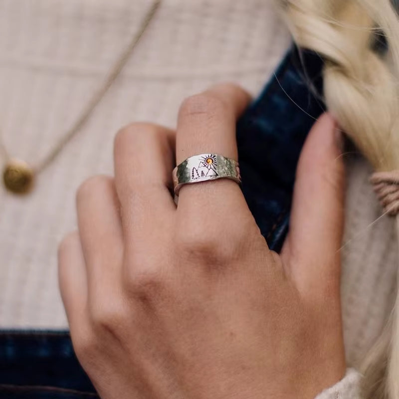 Vintage Ring Forest Mountain Sunset Nature Landscape Carved Ring for Women Men Open Adjustable Jewelry Fashion Ring Wholesale