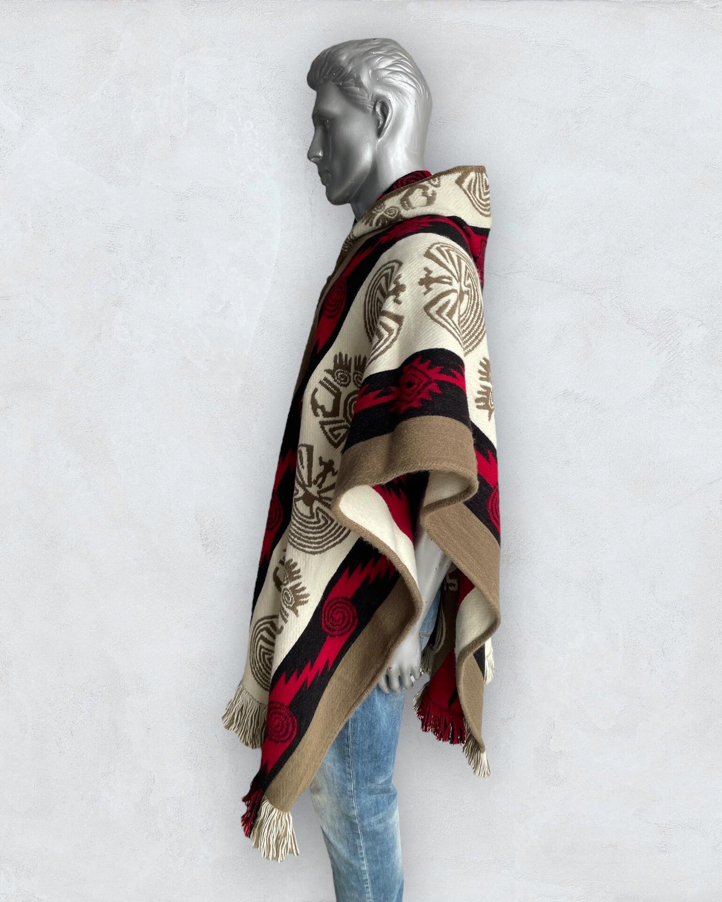 Alpaca Wool Poncho in Beige/Red. Navajo Southwestern Poncho Handcrafted by Indigenous Hands. Soft and Warm with Hood. One Size Unisex Use.