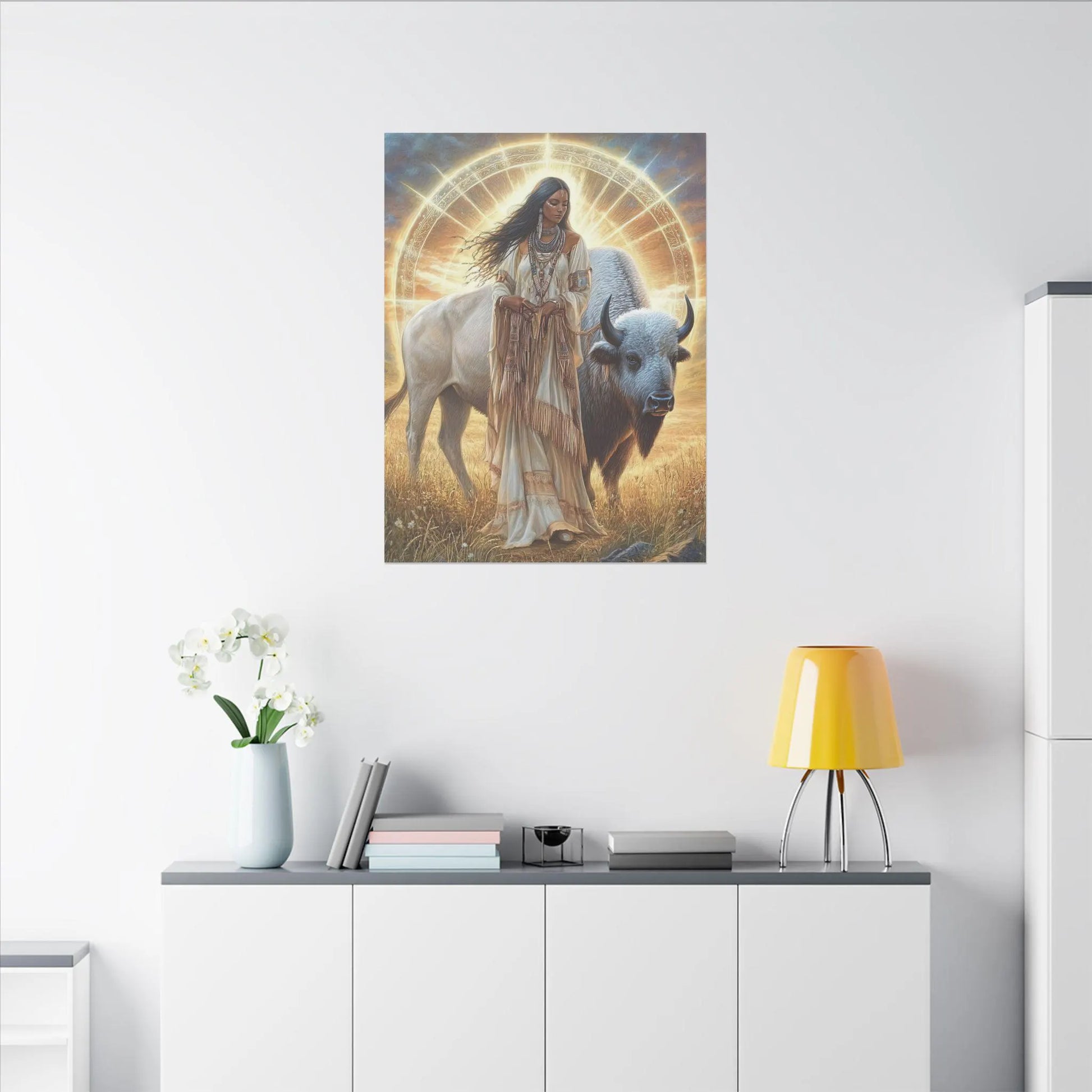 White Buffalo Calf Woman Golden Hour Canvas Wall Art, Sacred White Buffalo Artwork, 7 Sizes