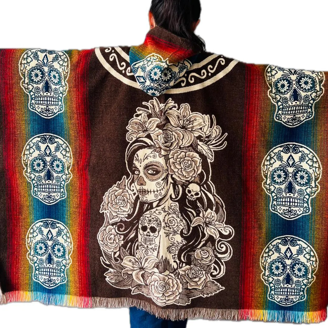 Alpaca Handmade Poncho | Catrina Skull Mexican Day of the Dead | Men or Women | Genuine Alpaca Wool One Size