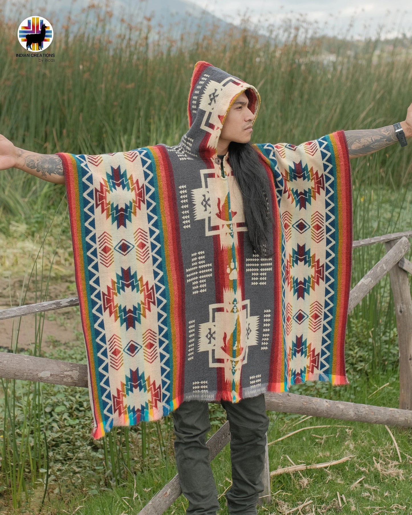 Unisex Alpaca Wool Poncho. (Gray Wolf Spirit) Exclusive Handcrafted by Indigenous Hands! Unisex. One Size. FREE SHIPPING! Gift Ideas.