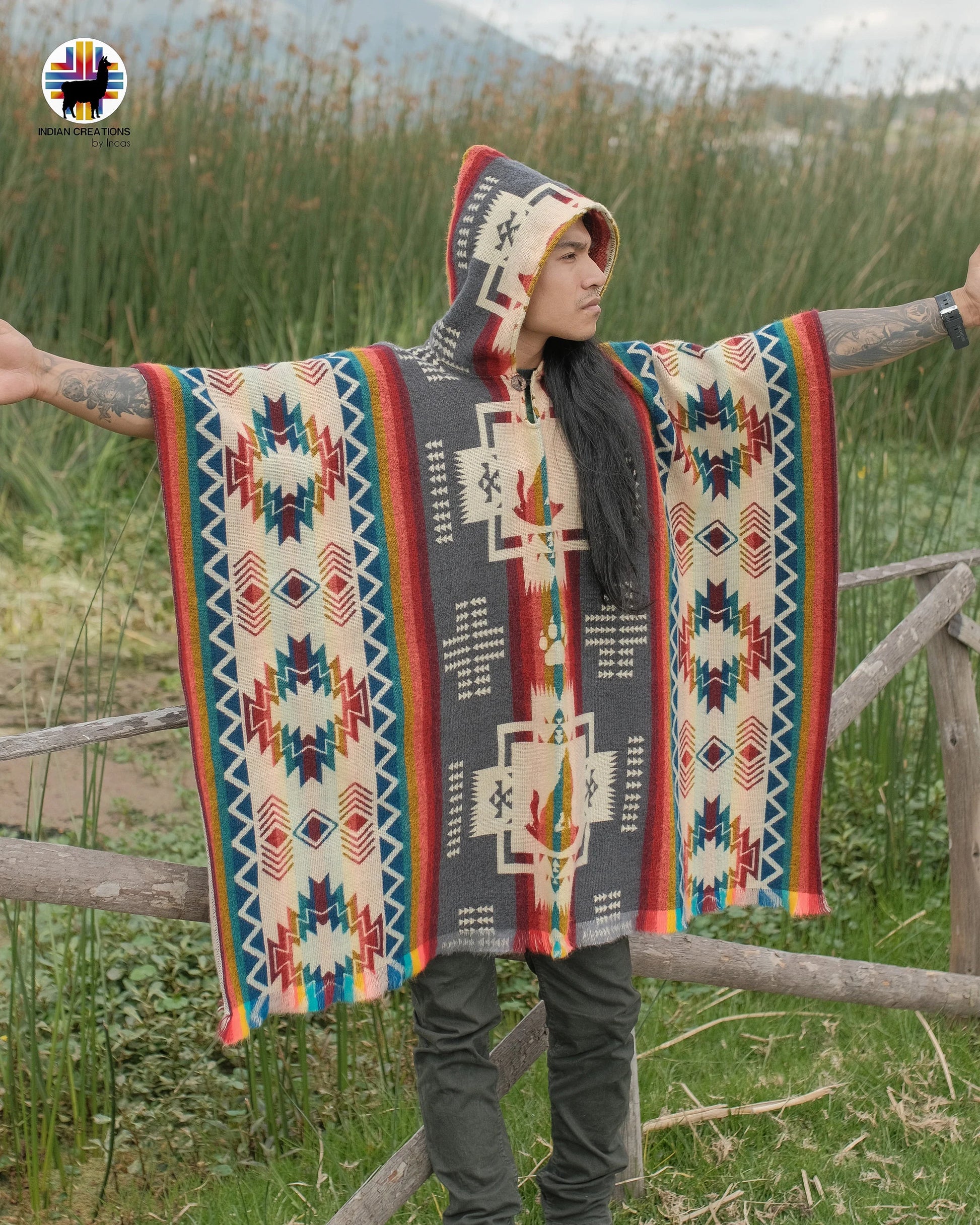 Unisex Alpaca Wool Poncho. (Gray Wolf Spirit) Exclusive Handcrafted by Indigenous Hands! Unisex. One Size. FREE SHIPPING! Gift Ideas.