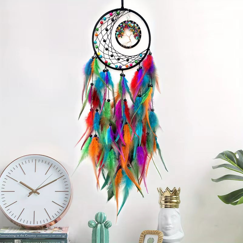 1Pcs Polychrome Feather Pendants, Handmade Woven Life Tree Dream Catcher Wall Decorations, Room Decoration Crafts